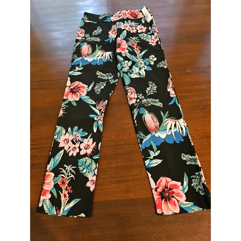Krazy Larry Pull On Pants Womens 6 Black Floral Parrot Tropical Ankle Trousers